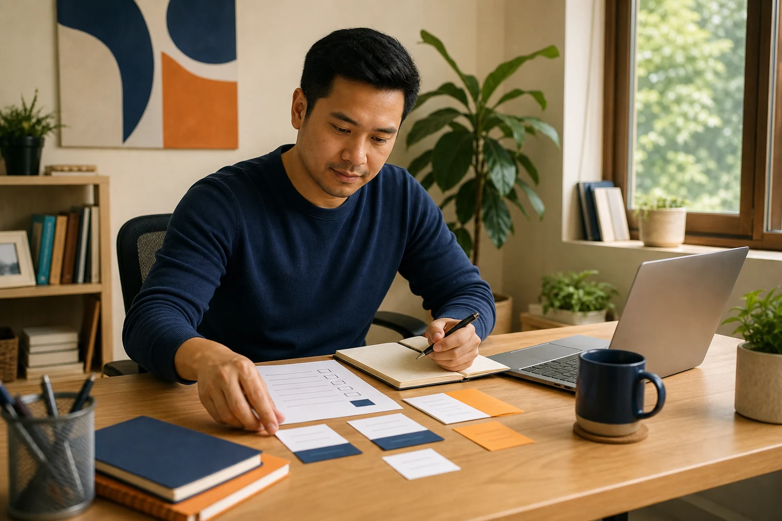 A Filipino remote operations professional arranging a first-week task plan at a home office desk