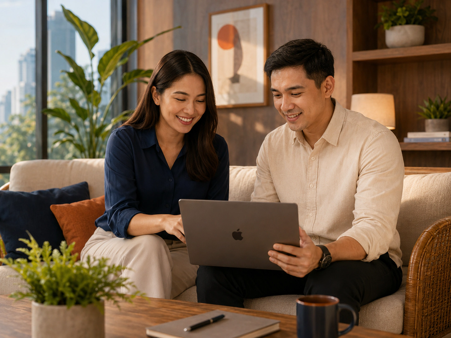 Two Filipino professionals reviewing work together on a laptop in a warm office setting
