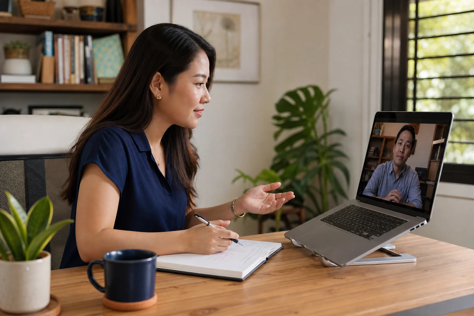 A Filipino virtual assistant collaborating with a business client over a video call
