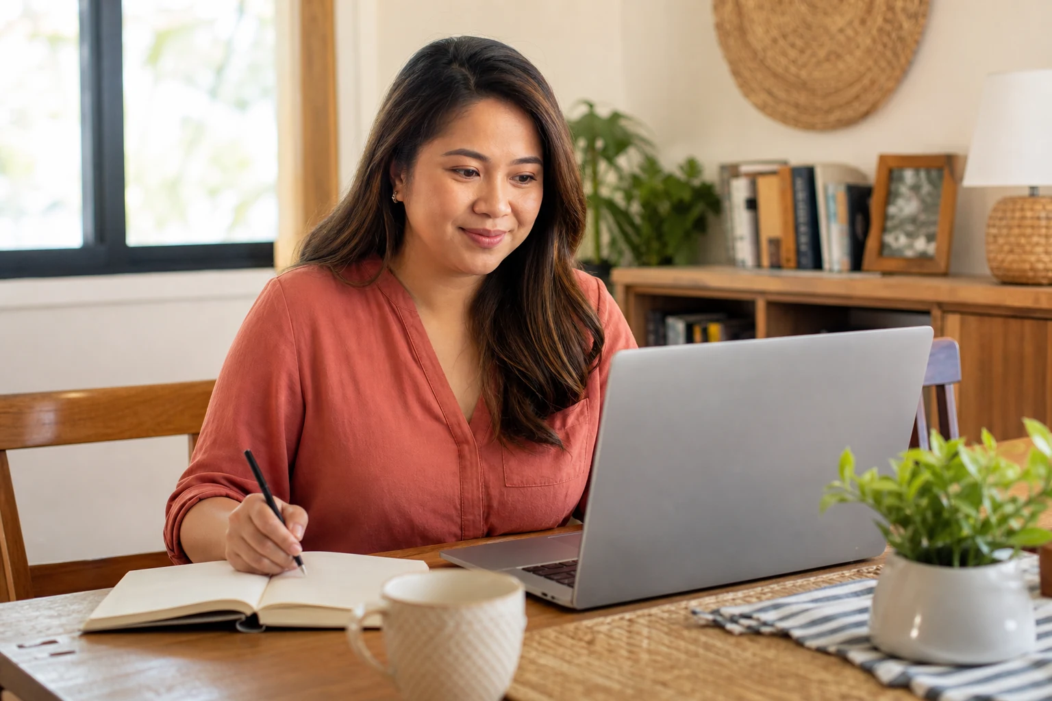 A Filipina remote professional working from her home dining table